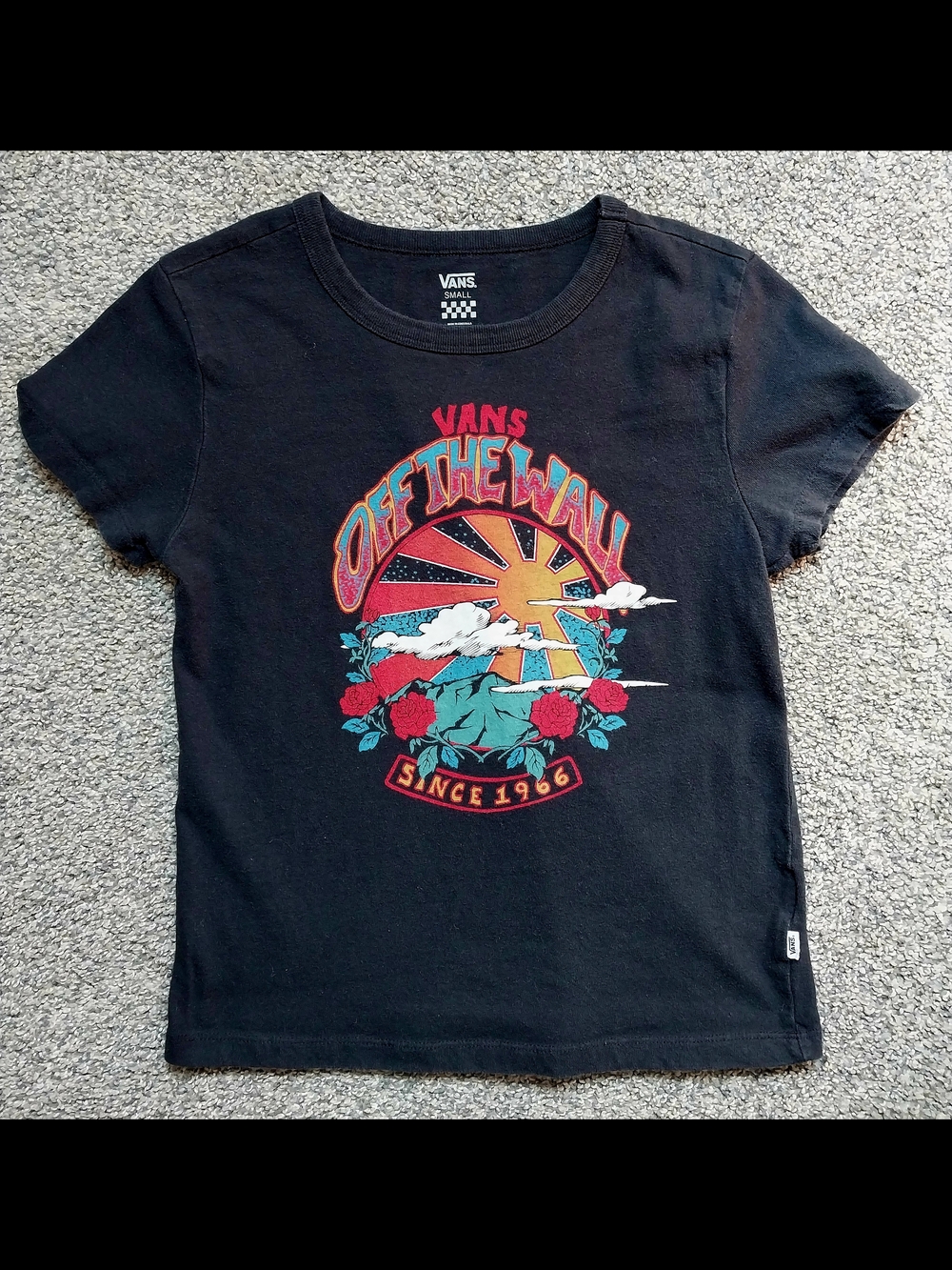 Vans Black Tee with Colorful 'Off The Wall' Sunrise Graphic